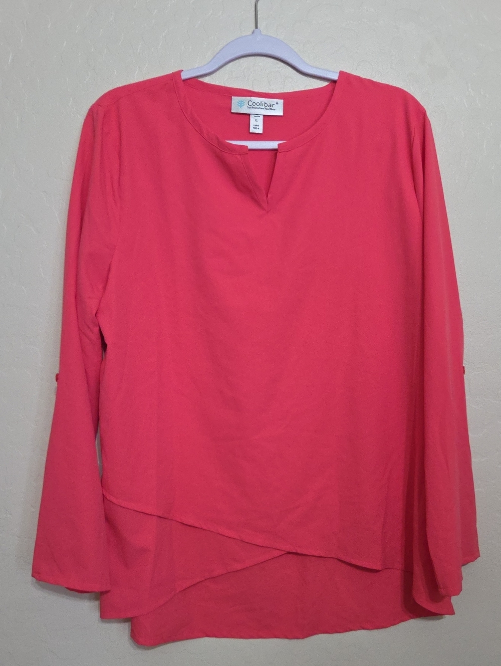Coolibar Stylish UV Protection Coral Pink Long Sleeve Layered Hem Top